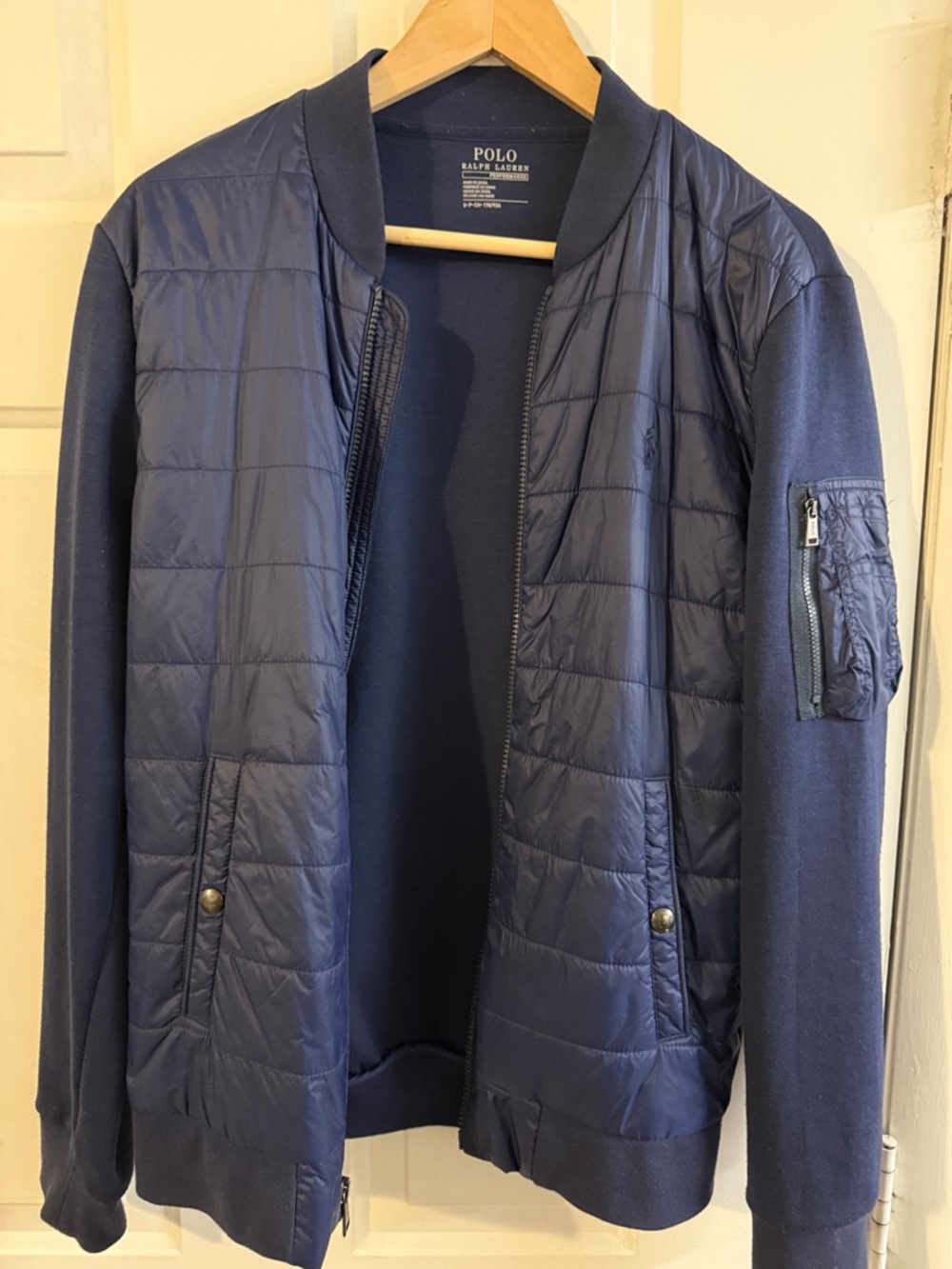 Polo by Ralph Lauren Navy Quilted Bomber Jacket with Knit Sleeves Mens Size Sm
